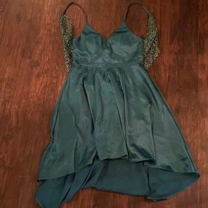 Green Satin High Low Homecoming Dress with Glitter Lace Back